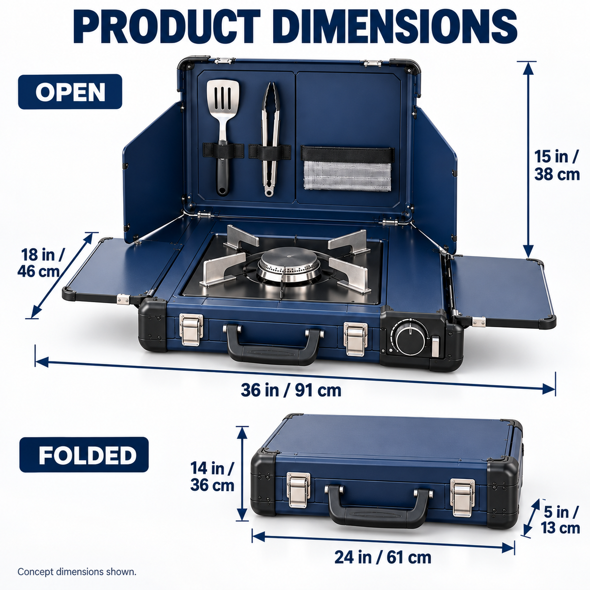 Ultra-Slim Briefcase Portable Butane Camping Stove with Fold-Out Prep Shelves