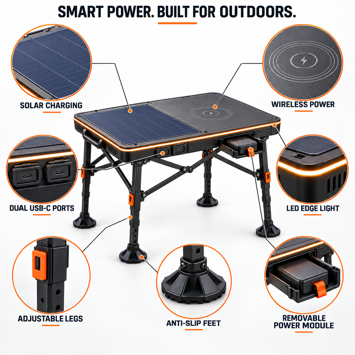 Solar-Powered Smart Folding Camping Table