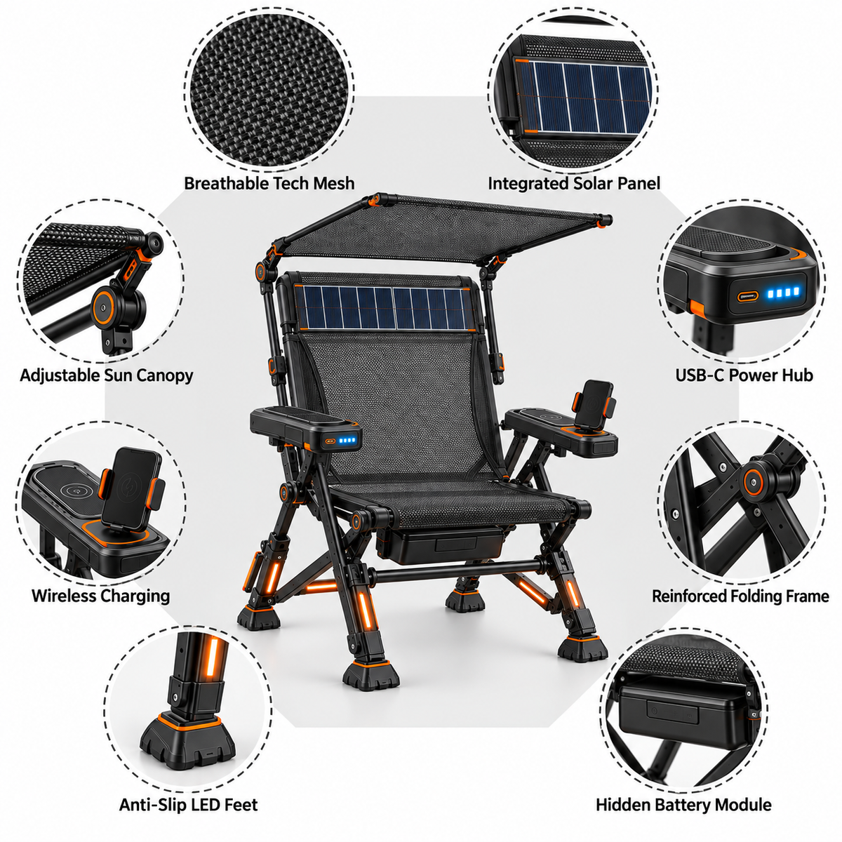 Solar-Powered Smart Folding Camping Chair