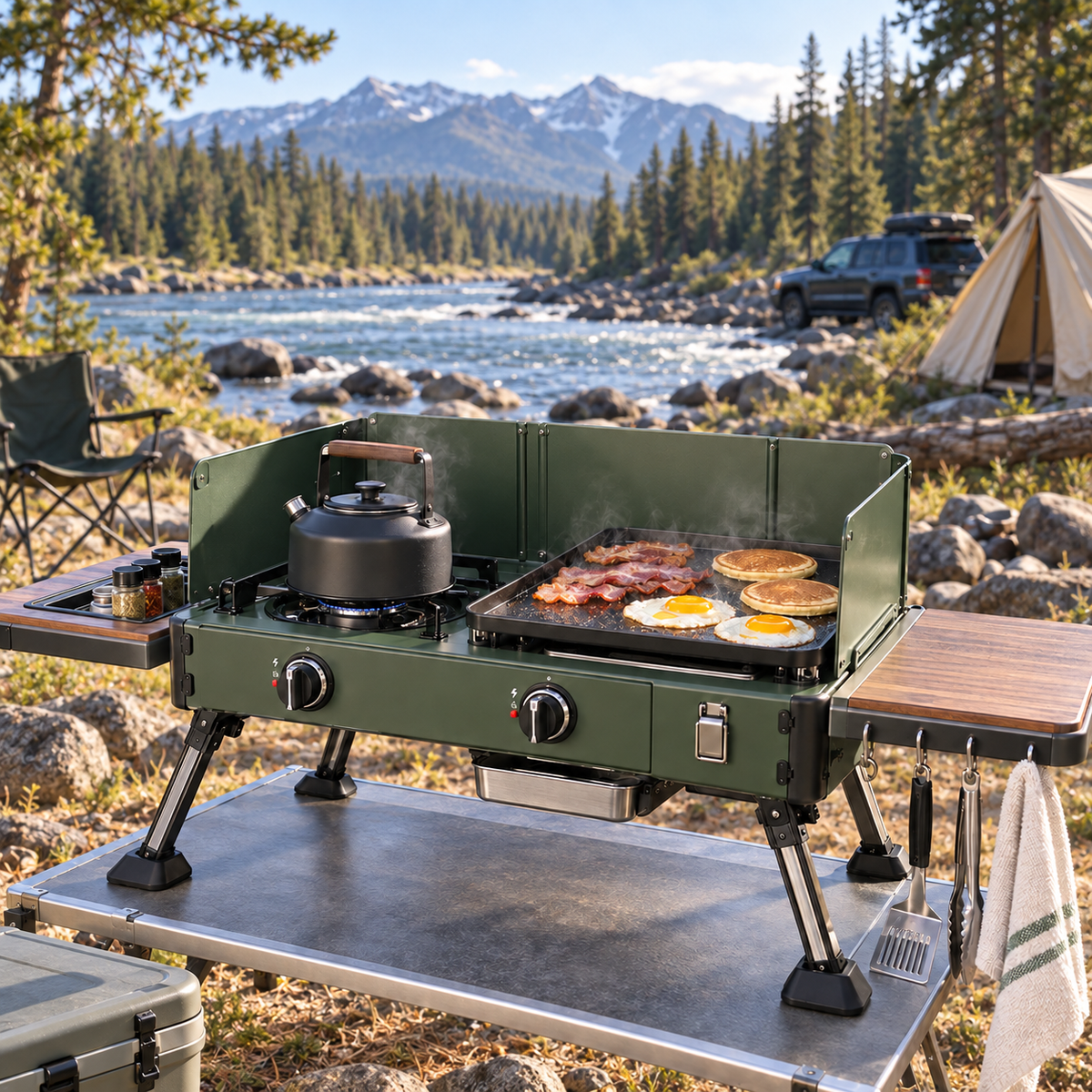 Dual-Zone Family Camp Stove with Griddle & Folding Side Tables