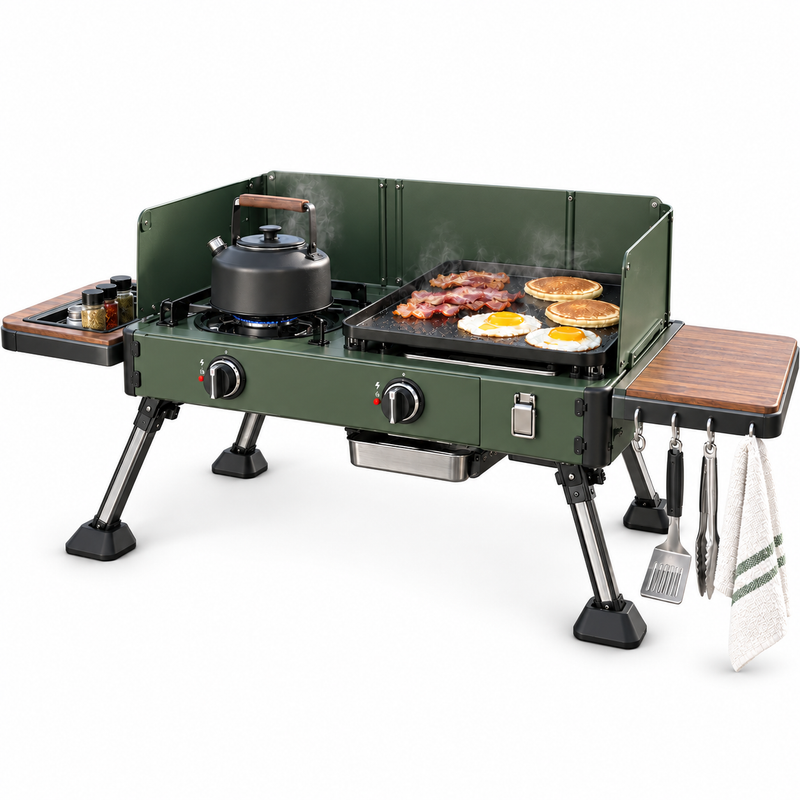 Dual-Zone Family Camp Stove with Griddle & Folding Side Tables
