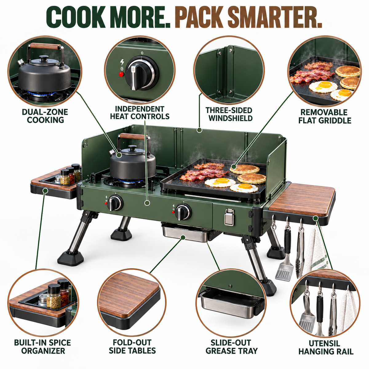 Dual-Zone Family Camp Stove with Griddle & Folding Side Tables
