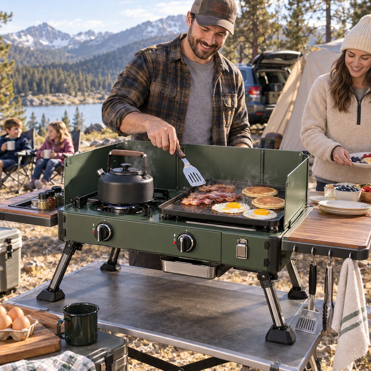 Dual-Zone Family Camp Stove with Griddle & Folding Side Tables