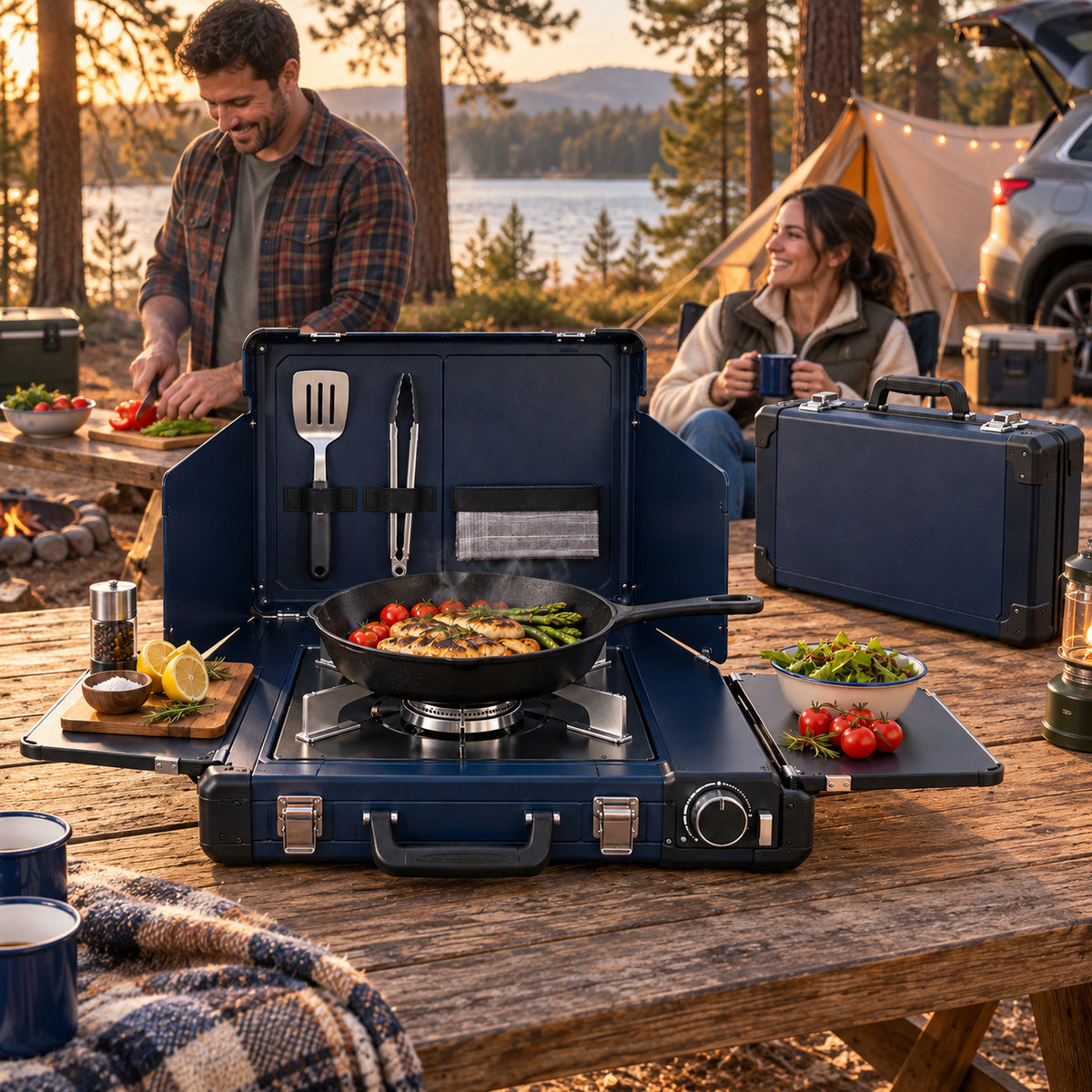 Ultra-Slim Briefcase Portable Butane Camping Stove with Fold-Out Prep Shelves