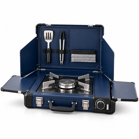 Ultra-Slim Briefcase Portable Butane Camping Stove with Fold-Out Prep Shelves