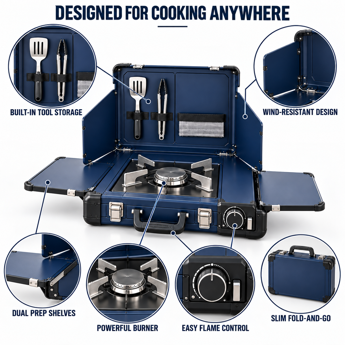 Ultra-Slim Briefcase Portable Butane Camping Stove with Fold-Out Prep Shelves