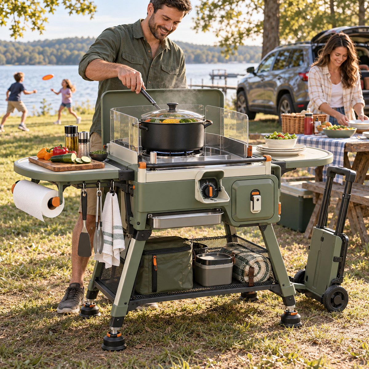 Family-Friendly Foldable Picnic Cooking Station with Heat Shield & Prep Tables
