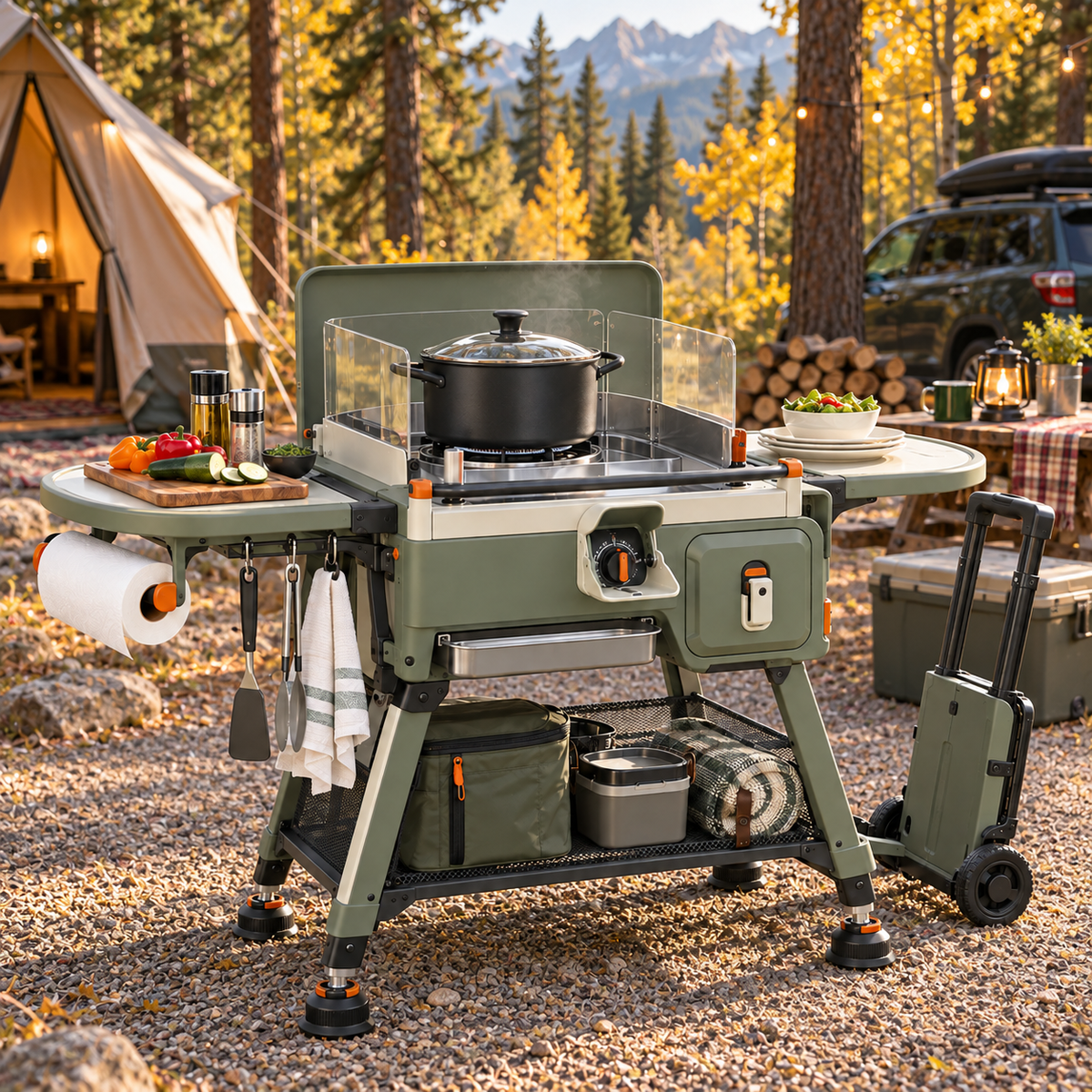 Family-Friendly Foldable Picnic Cooking Station with Heat Shield & Prep Tables
