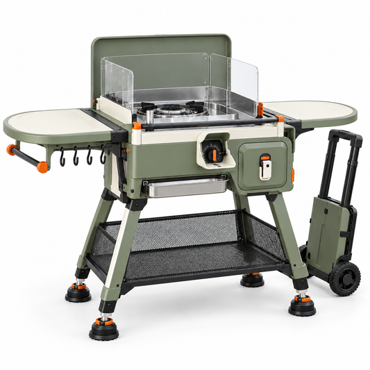 Family-Friendly Foldable Picnic Cooking Station with Heat Shield & Prep Tables