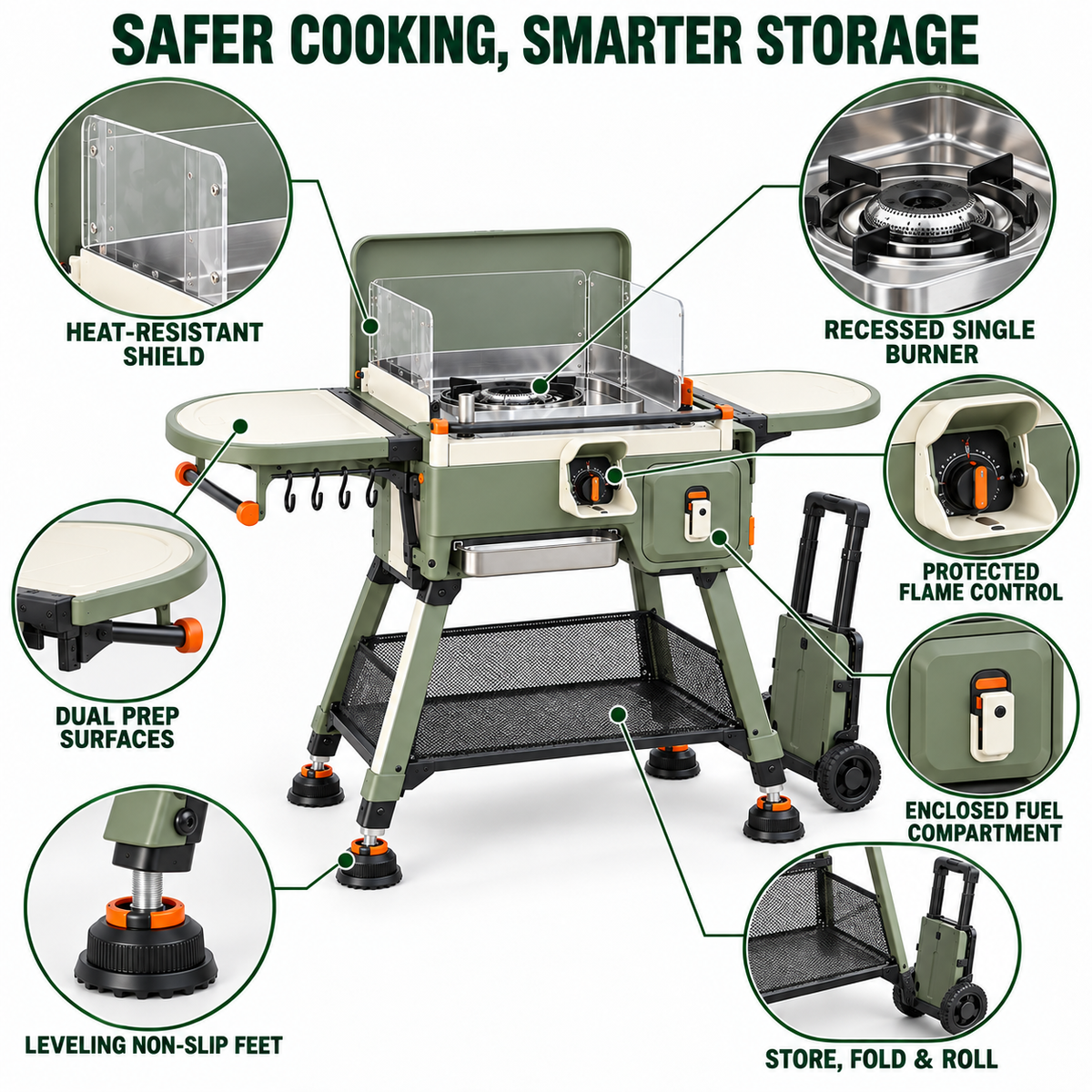 Family-Friendly Foldable Picnic Cooking Station with Heat Shield & Prep Tables