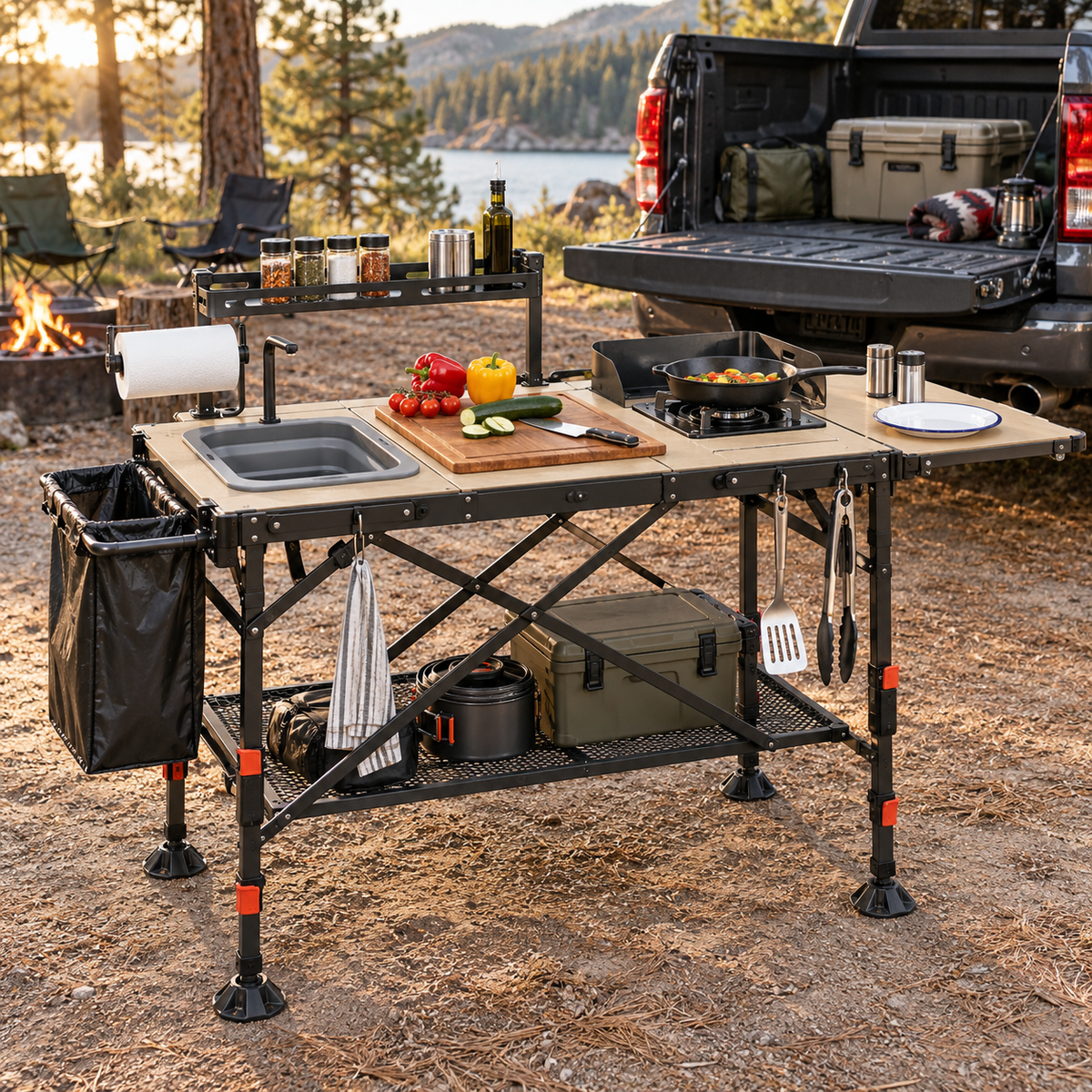 Modular Folding Outdoor Kitchen Table with Sink & Stove Station