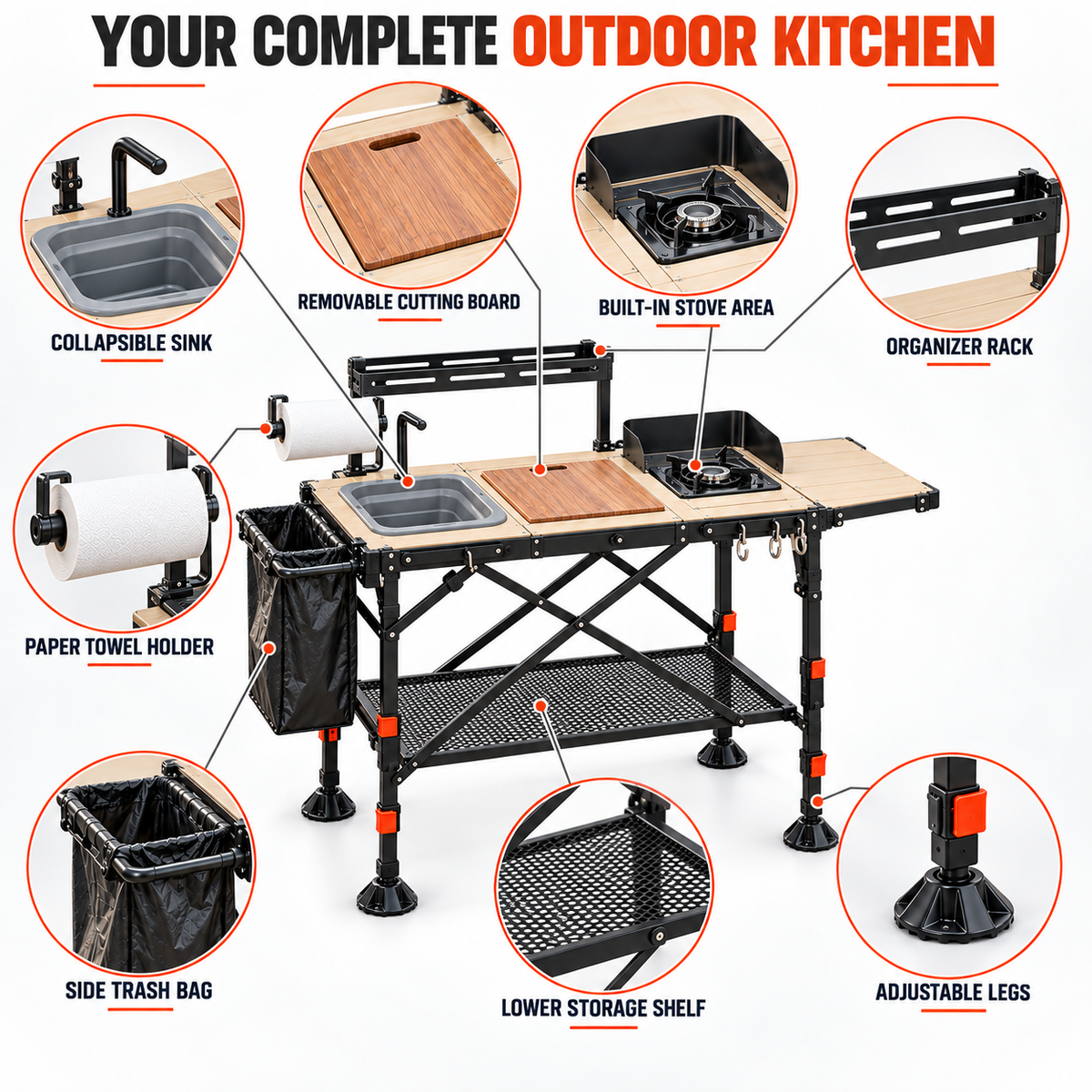 Modular Folding Outdoor Kitchen Table with Sink & Stove Station