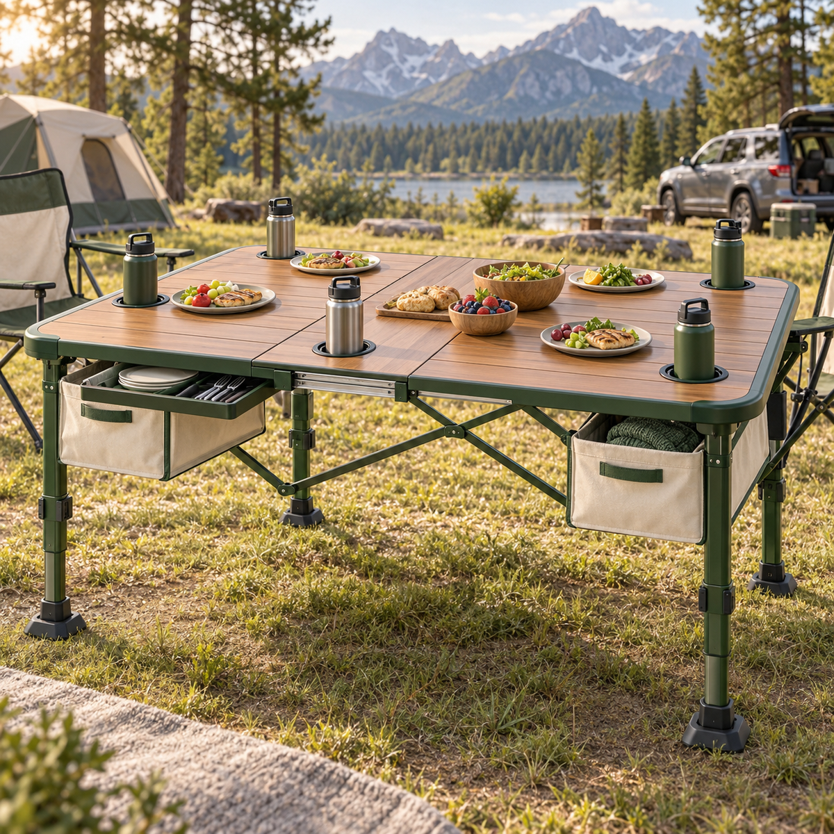 Expandable Family Adventure Folding Table with Cup Holders & Storage