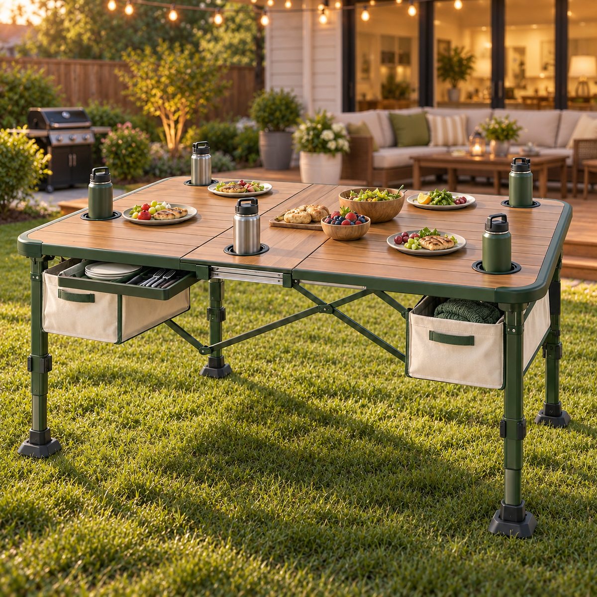 Expandable Family Adventure Folding Table with Cup Holders & Storage
