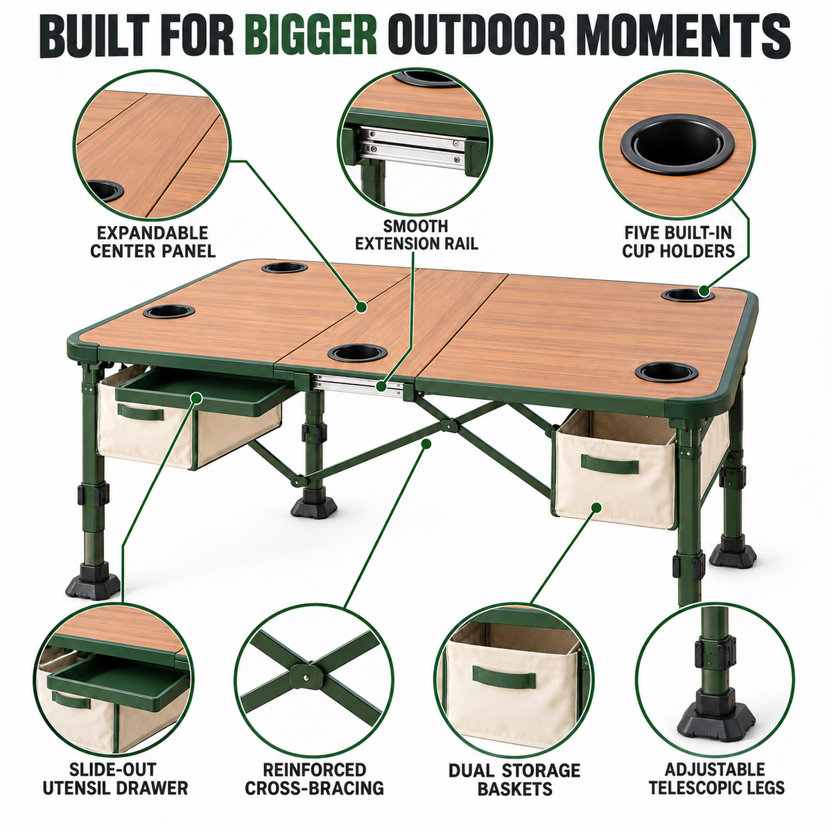 Expandable Family Adventure Folding Table with Cup Holders & Storage